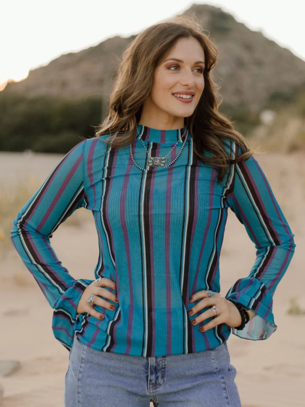 Striped Mock Neck Long-Sleeve Mesh Top- Gotta Be Me Mesh
